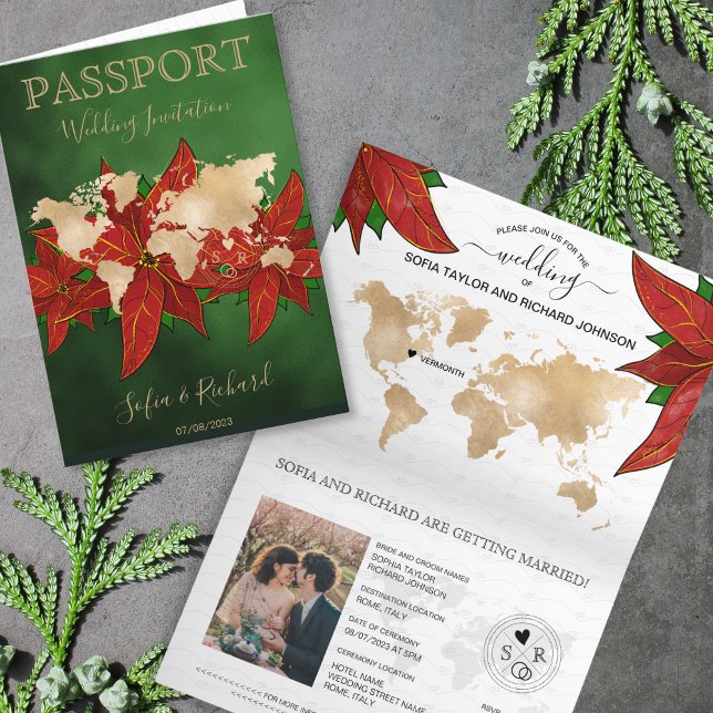 Convite Mapa Mundial do Passaporte de Destino de Casamento (christmas wedding passport invitation, green background and poinsettias)