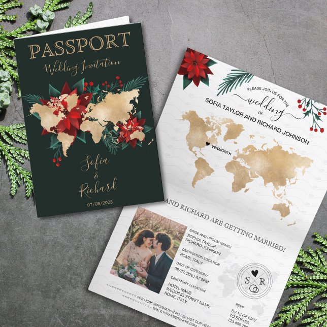 Convite Mapa Mundial do Passaporte de Destino de Casamento (christmas poinsettia gold world map passport)