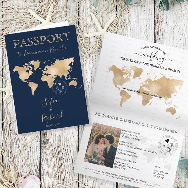 Convite Mapa Mundial do Passaporte de Destino de Casamento (dominican republic passport wedding)