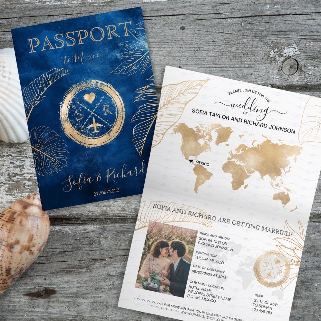 Convite Mapa Mundial do Passaporte de Destino do México (passport wedding navy blue with golden stamp and palm leaves)