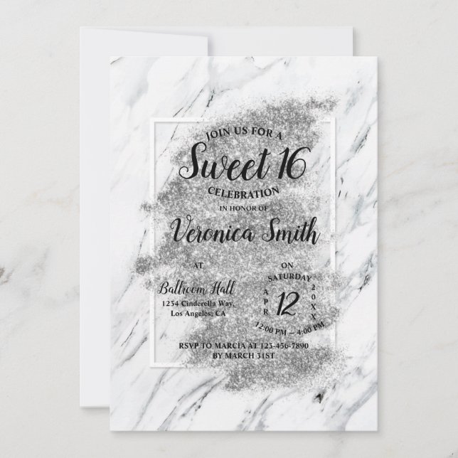 Convite Marble Grayscale Sweet 16 (Frente)