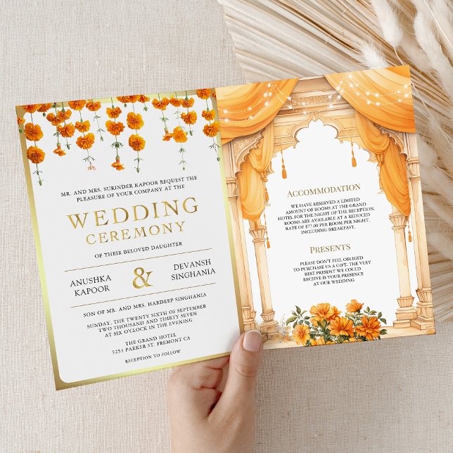 Convite Marigold Floral Sul Indiano Mandap Casamento Hindu (Criador carregado)