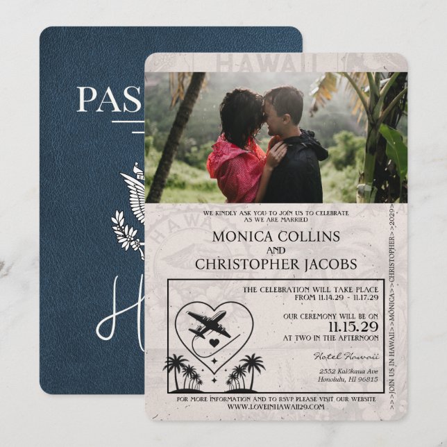 Convite marinho Azul Havaí para Casamento de Passa (Frente/Verso)