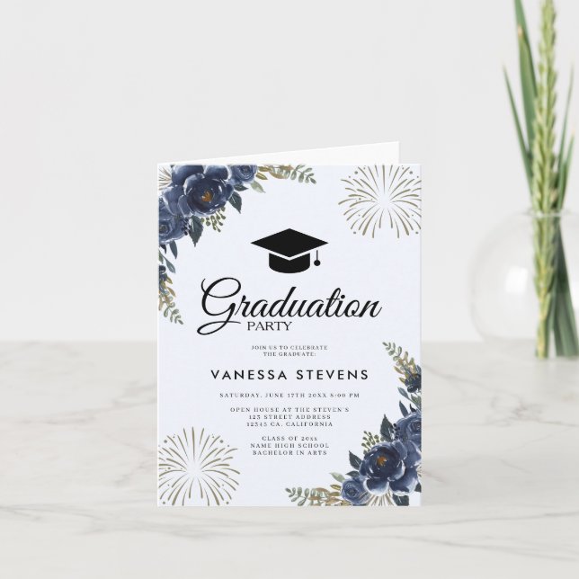 Convite Marinho Blue Floral Graduation Party (Frente)