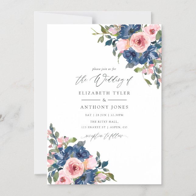 Convite Marinho de Aquarela e Casamento Floral Blush (Frente)