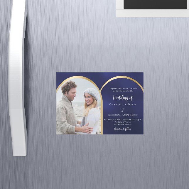 Convite Marinho do casamento da foto dourada azul (Criador carregado)