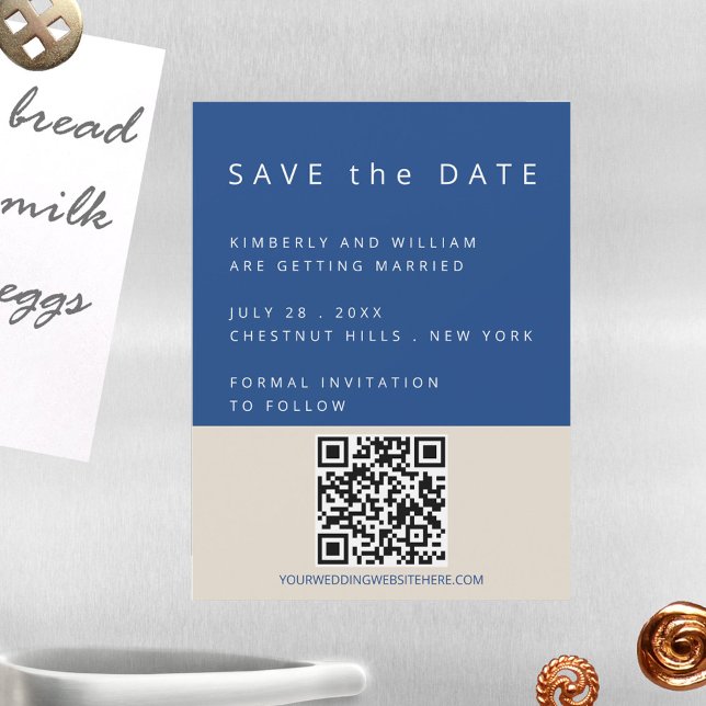 Convite Marselha Bleu Código QR Único Simples Salvar Data (Marseille Bleu Modern Wedding Save The Date Magnetic Card With QR Code)