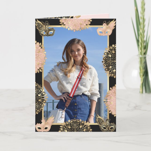 Convite Máscara bonito, cor-de-rosa, Mascarada preto, doce (Frente)