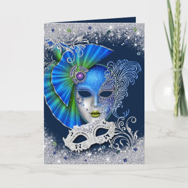 Convite Mascarada Sweet Sixteen Prata e Azul (Frente)