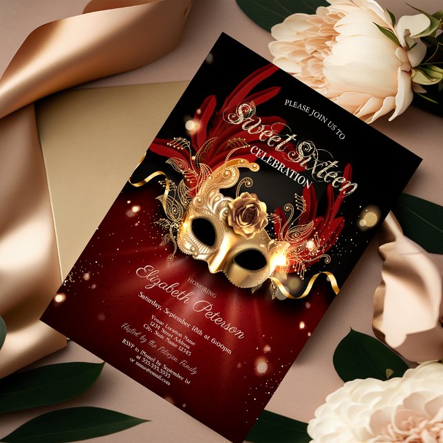 Convite Masquerade Red Sweet 16 (Criador carregado)