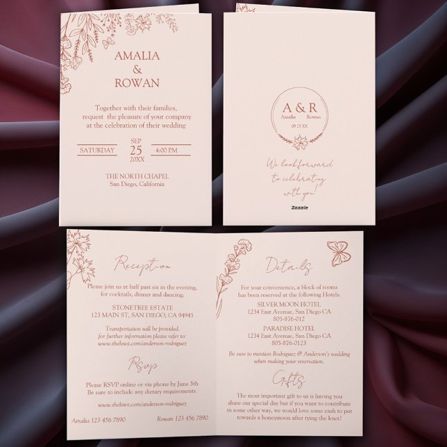 Convite Meadow Flowers Misty Rosa All-in-one Wedding (Criador carregado)