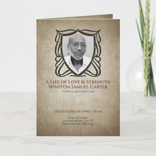 Convite Medieval‑Inspired Shield 5 Photo Collage Funeral (Frente)