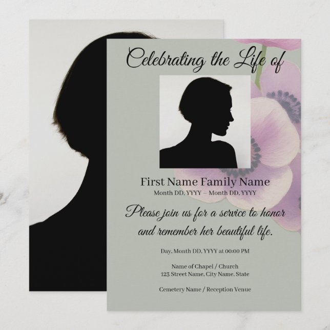 Convite memorial de anemone cinza (Frente/Verso)