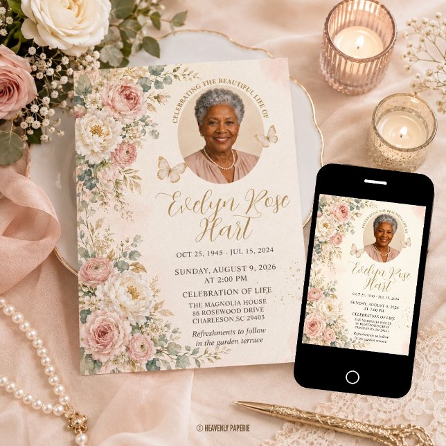 Convite Memorial Floral Branco Rosa Corado Funeral (blush pink ivory peonies roses greenery floral photo funeral memorial celebration of life invite)