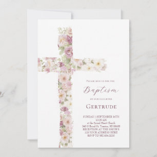 convite menina Batismo flores cruz