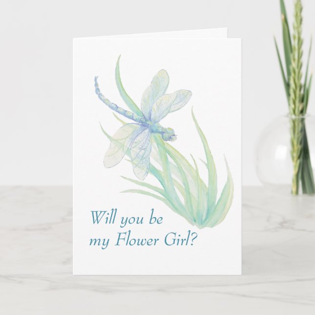Convite Menina das Flores Libélula Aquarela Azul V (Frente)