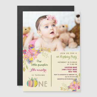 Convite Menina de 1º Aniversário Abóbora Rosa Floral Foto