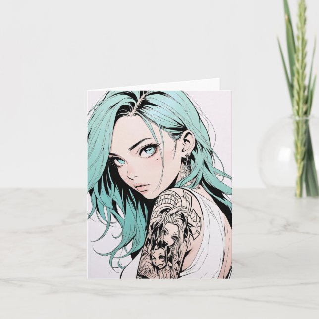 Convite Menina de animação de tatuagem de cabelo verde (Frente)