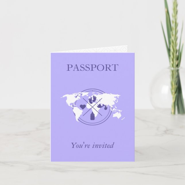 Convite Menina de Passaporte Roxo Viagem Chuveiro Mapa Mun (Frente)