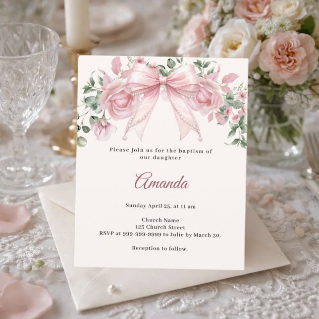 Convite Menina Florais Marfim Rosa Batismo (Criador carregado)