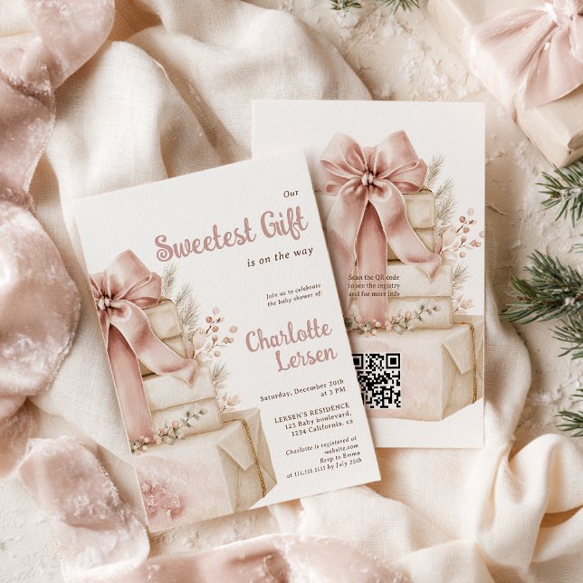 Convite Menina Natal Presente de Natal Chá de Bebê (Sweetest Gift Christmas Girl Winter Baby Shower QR Invitation)