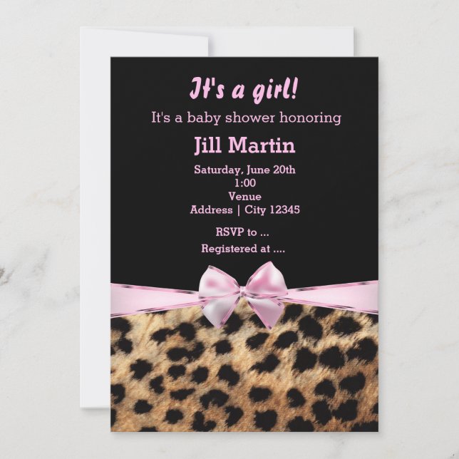Convite Meninas Arco Rosa Preto Guepardo Leopardo (Frente)