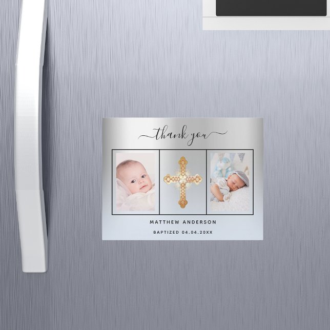 Convite Menino Batismo obrigado azul-prateado, seu íman (Criador carregado)