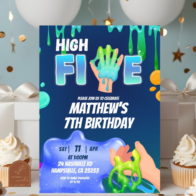 Convite Menino Slime Verde Azul Neon High Five (Criador carregado)