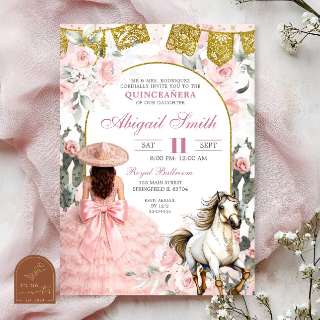 Convite Mexicano Charra Rosa Floral Quinceanera (Criador carregado)