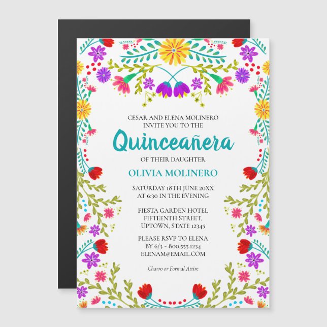 Convite Mexicano Fiesta Floral 15 Birthday Quinceanera (Frente/Verso)