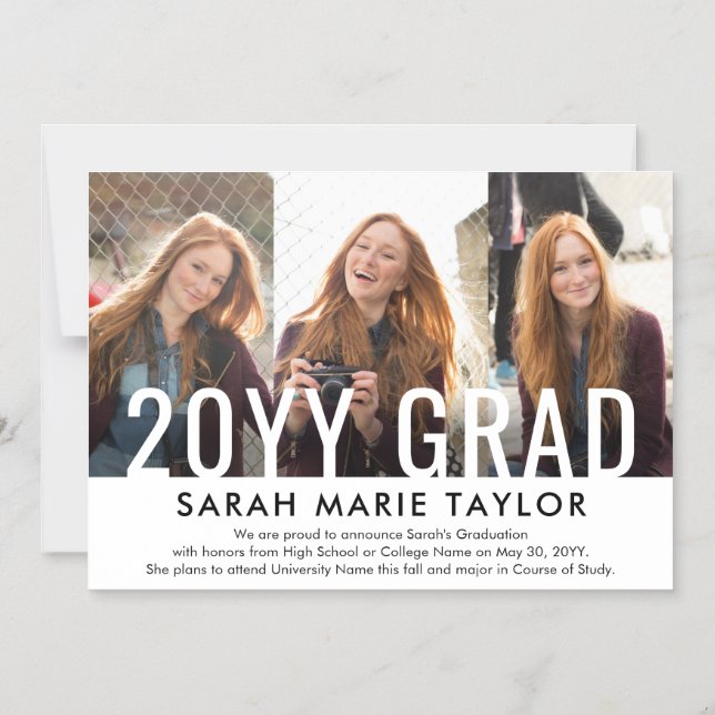 Convite Minimal 3 Photo Magnetic Graduation Announcement (Frente)