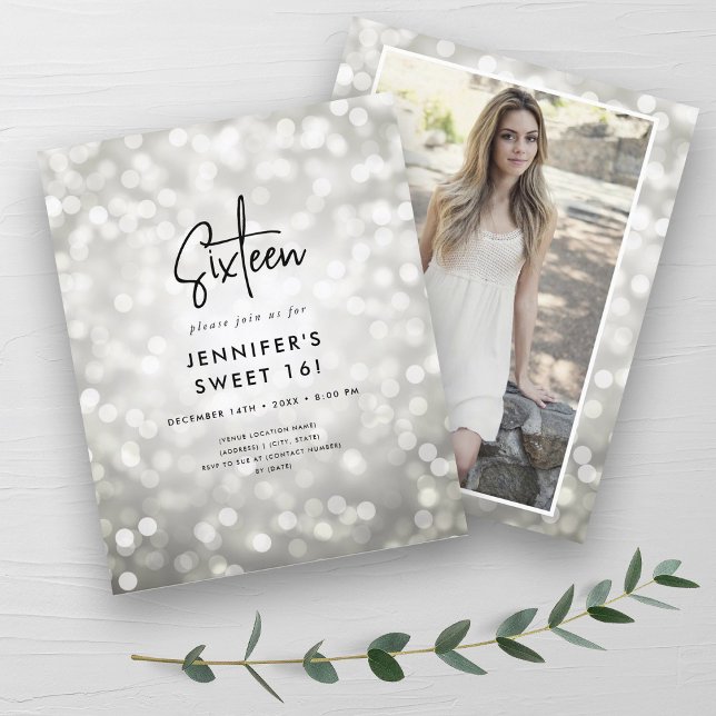 Convite Minimal Budget Prata Glam Foto Sweet 16 (Budget Minimal Silver Glam Photo Sweet 16 Invite)