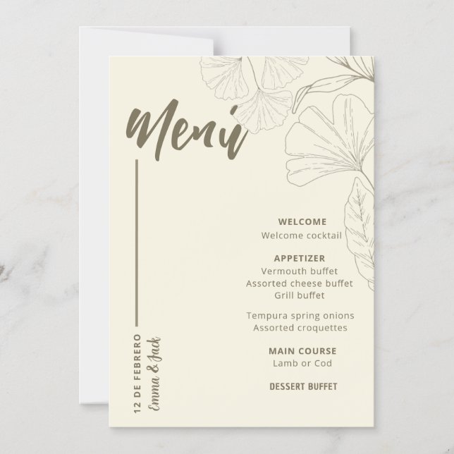 Convite Minimalist Botanical Wedding Menu Card (Frente)