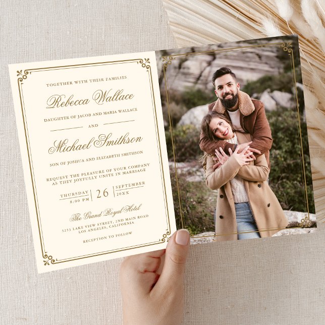 Convite Minimalist Photo Cream Gold QR Code Wedding (Criador carregado)