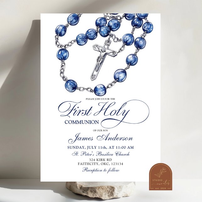 Convite Minimalista Blue Rosary Boy Baptism (Criador carregado)