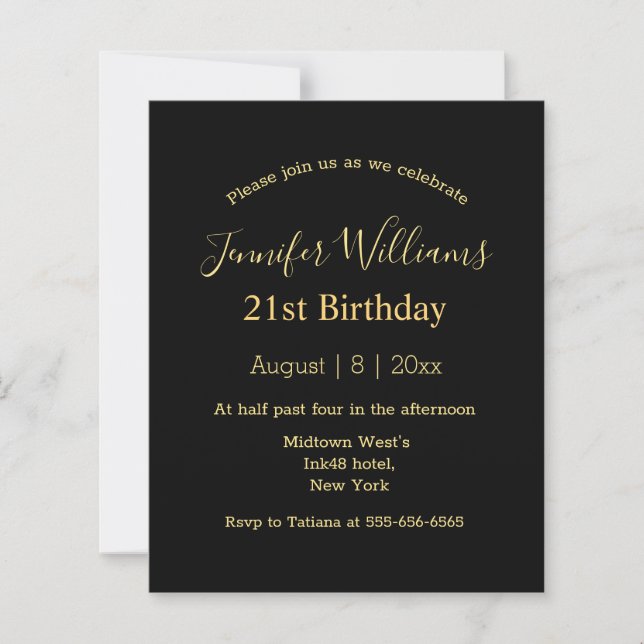 convite minimalista de 21º aniversário em preto e  (Frente)
