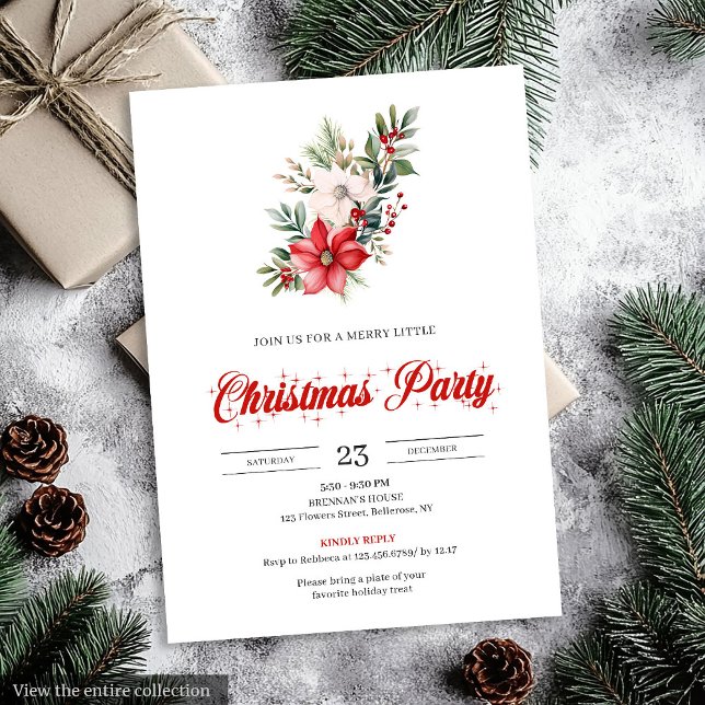 Convite Minimalista de Natal em Vermelho e Branco (Minimalist Christmas Bouquet Red White Invitation)