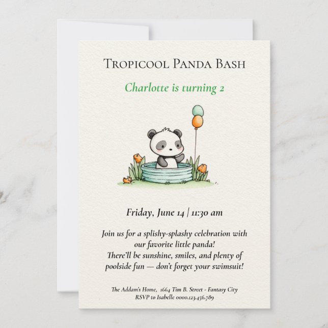 Convite Minimalista para Festa de Piscina do Panda (Frente)