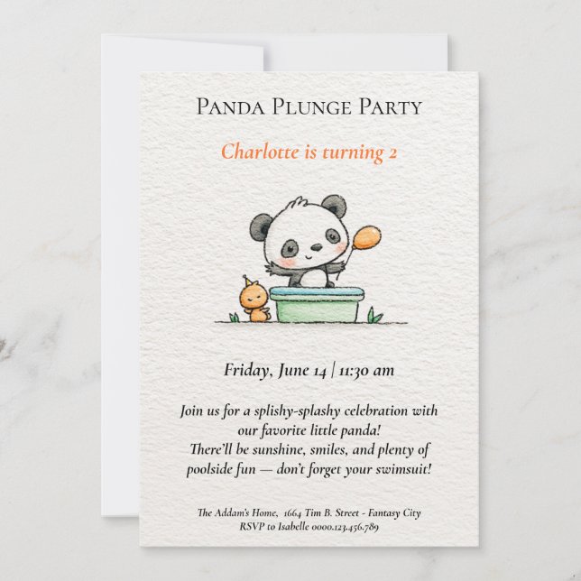 Convite Minimalista para Festa de Piscina do Panda (Frente)