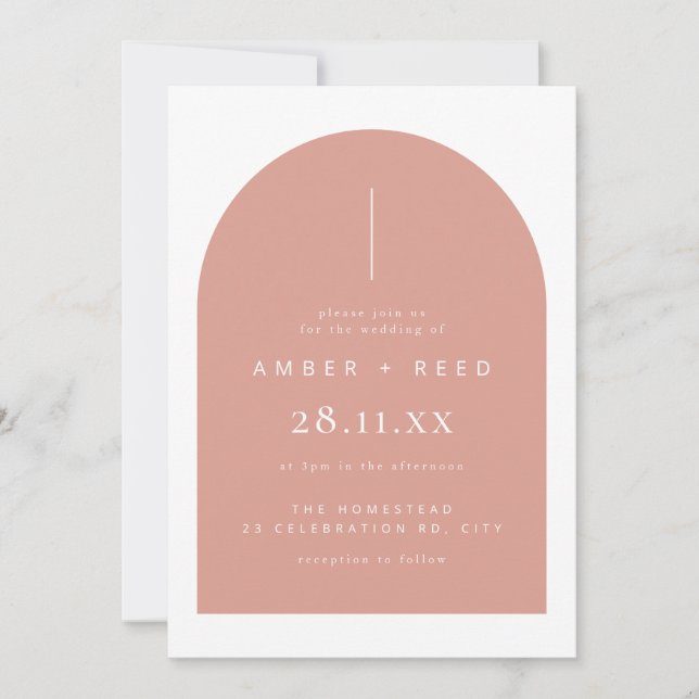 Convite Mínimo de Casamento de Arch Moderno Cor-de (Frente)