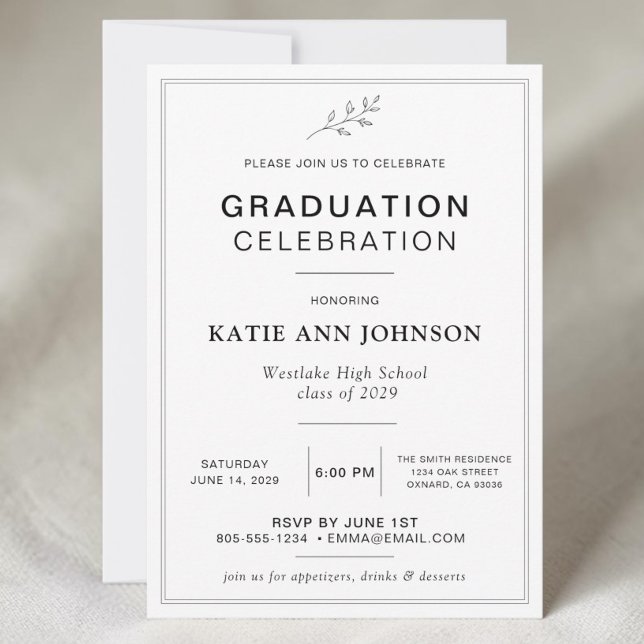 Convite Mínimo de Celebração de Formatura (Minimal graduation celebration invitation with black typography, thin border, and botanical leaf)
