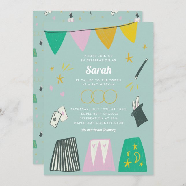 Convite Mint Magic Show Bar Bat Mitzvah (Frente/Verso)