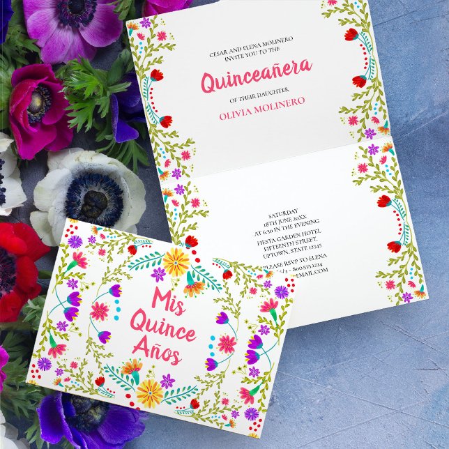 Convite Mis Quince Anos Do Partido Fiesta Mexicano Quincea (Colorful Mis Quince folded invitation  with mexican fiesta flowers)