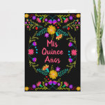 Convite Mis Quince Anos Mexicana Fiesta Black Quinceanera<br><div class="desc">Uber bonito, convites de Mis Quince Anos, dentro decorado e fora com o feliz charme de Fiesta Mexicana e Arte Folk. O convite tem uma paleta colorida rosa, roxa, amarela, vermelha, azul verde, amarela sobre fundo preto. O design da frente tem a expressão "Mis Quince Años" em tipografia doce, cercada...</div>