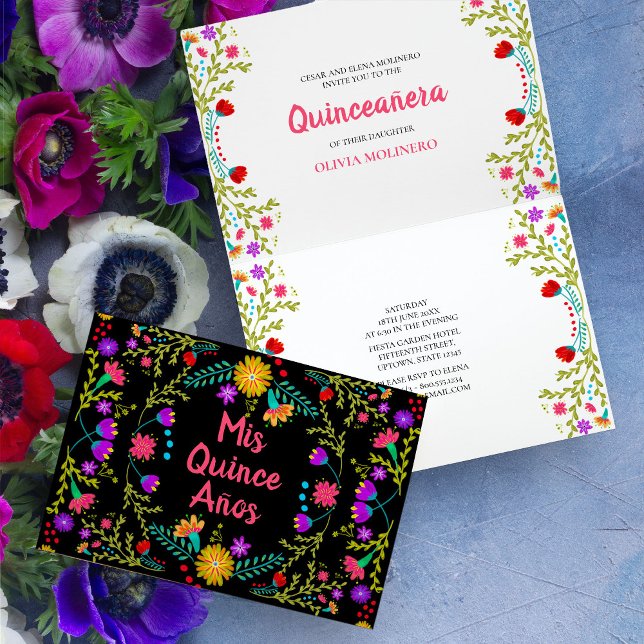 Convite Mis Quince Anos Mexicano Fiesta Black Quinceanera (Colorful Mis Quince folded invitation  with mexican fiesta flowers)