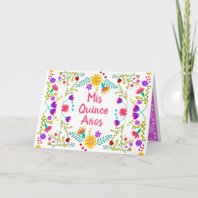 Convite Mis Quince Anos Quinceanera Floral Mexicana Fiesta (Frente)
