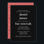 Convite Mitzvah, Bar Moderno Negro e Vermelho<br><div class="desc">Este convite moderno apresenta letras brancas arrojadas na frente e um padrão moderno no verso. Use o formulário modelo para adicionar seu texto personalizado. O recurso Personalizar pode ser usado para alterar a fonte,  o layout e as cores.</div>