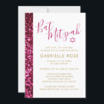 Convite Mitzvah de Bat Sparkly Glitter Rosa Quente<br><div class="desc">Profundo brilho rosa quente moderno e tenente e convite para Bat Mitzvah dourado. O trabalho de arte é uma imagem impressa plana, NÃO é um brilho real, por isso não faz bagunça, mas ainda parece brilhante e borrado! Para uma cerimônia e celebração modernas, divertidas e elegantes de mitzvah. Encontre um...</div>