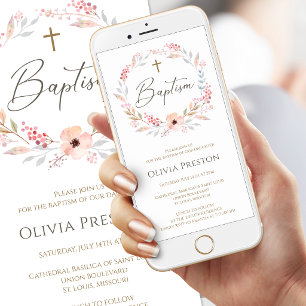 Convite Mobile Batismo Menina Floral Rosa Bege