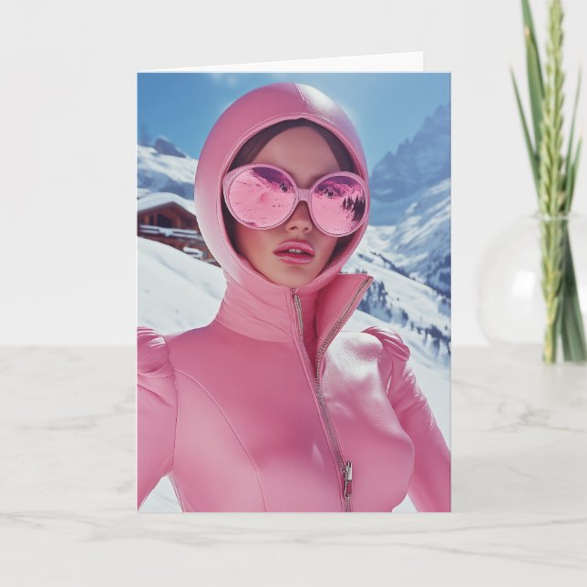 Convite Moda de Esqui Rosa Futurística - Glama de Inverno  (Frente)